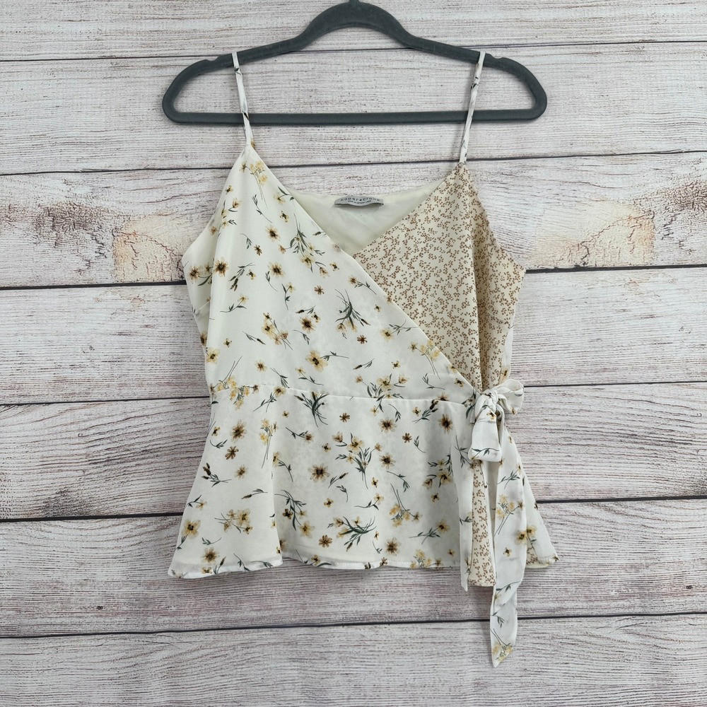 Paper Crane Peplum‎ Camisole Women Large Cream Floral Mixed Print Wrap Side Tie